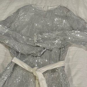 Silver Sequin Mini Dress with tie waist (M/L)